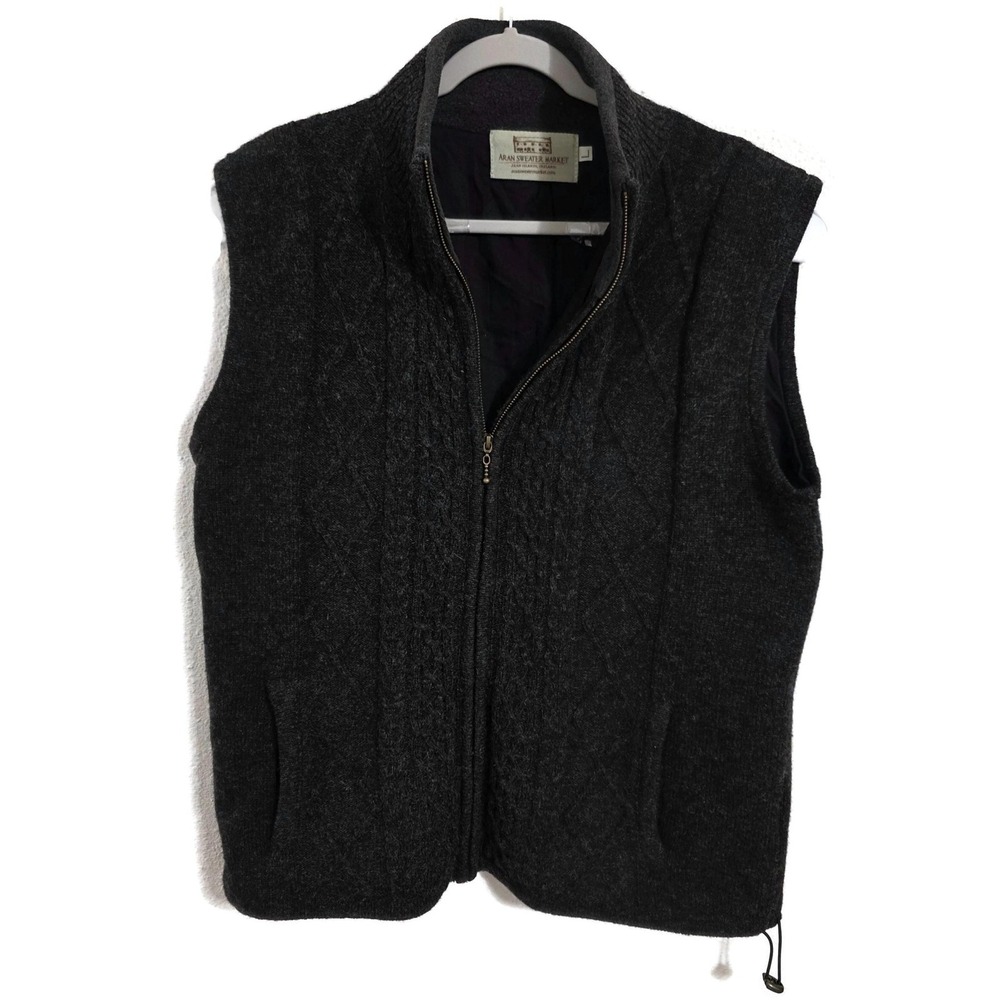 Aran Sweater Market Sweater Vest Mens Large Gray Full Zip Wool Fleece Lined
